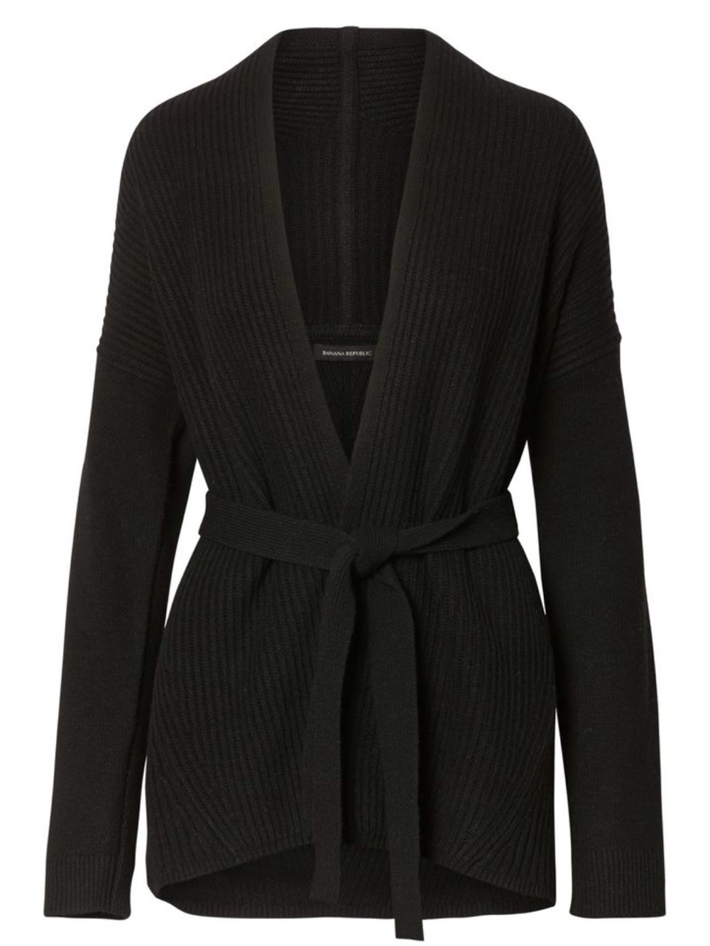 Banana Republic Black Merino Wool/Cashmere Blend Ribbed Belted Sweater: X-Large